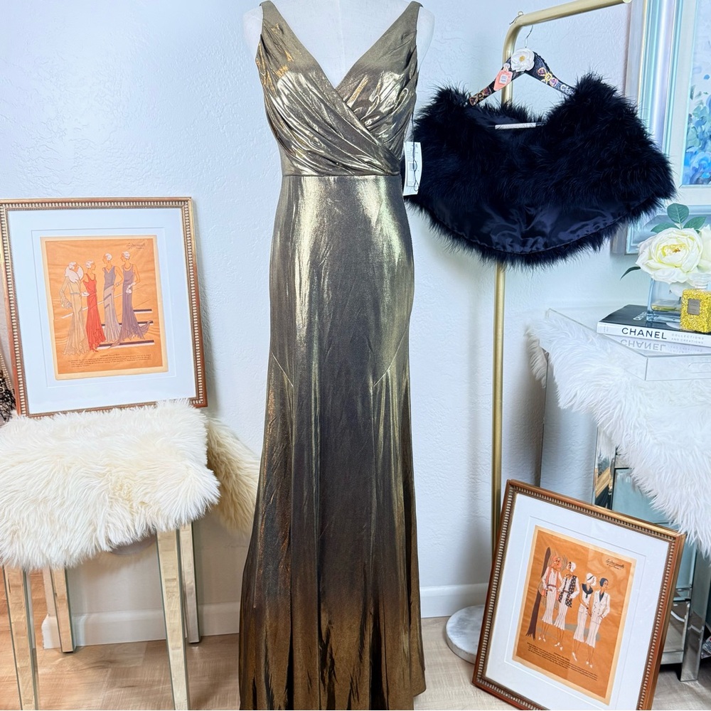 NWT Aidan Mattox Gold Metallic Foiled V-Neck Evening Gown 2 Lame Glam Luxury